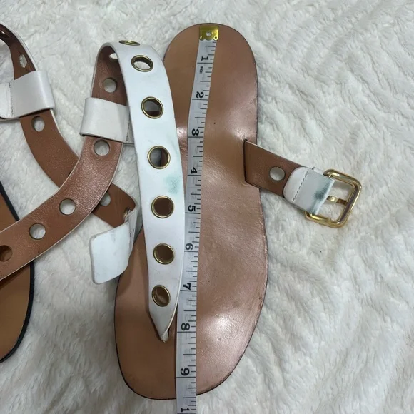 Celine White Leather Grommet Sandals 37.5 Flat Ankle Strap Made in Italy - Picture 13 of 16